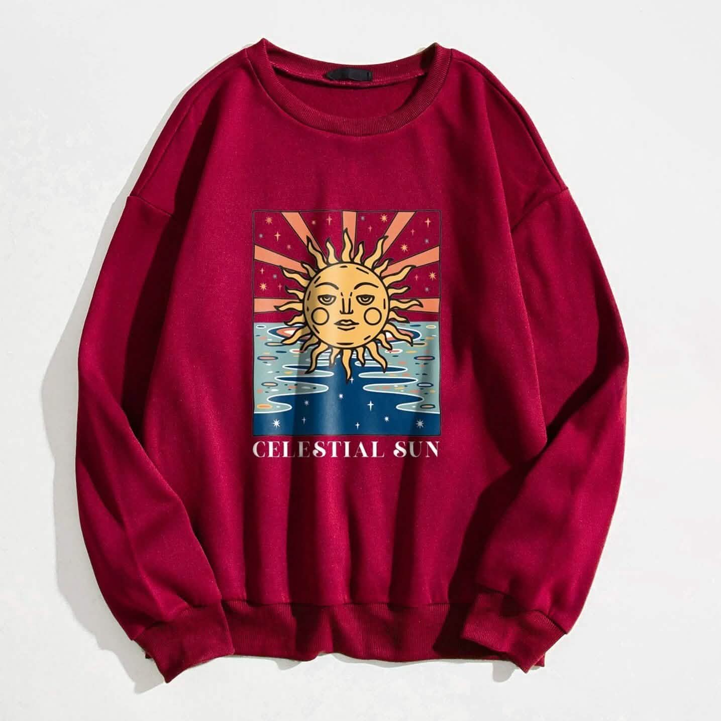 Sun and Letter Graphic Oversized Thermal Sweatshirt DailySale