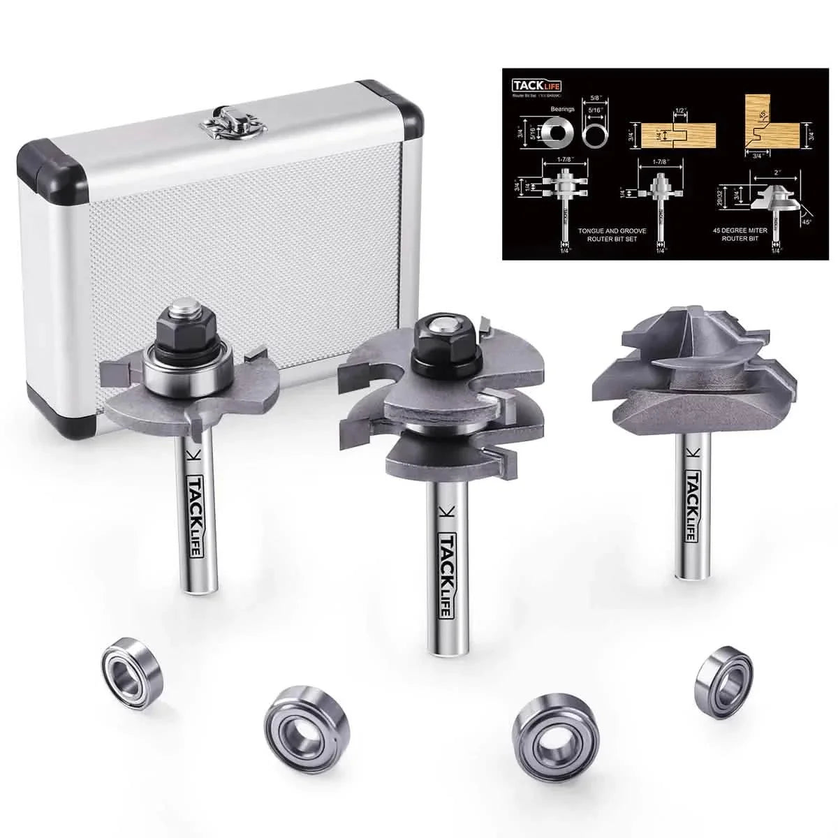 TACKLIFE Router Bit Set 1/4 Shank, Tongue and Groove Router Bit Set with 4Pcs Bearings Set RB31C DailySale