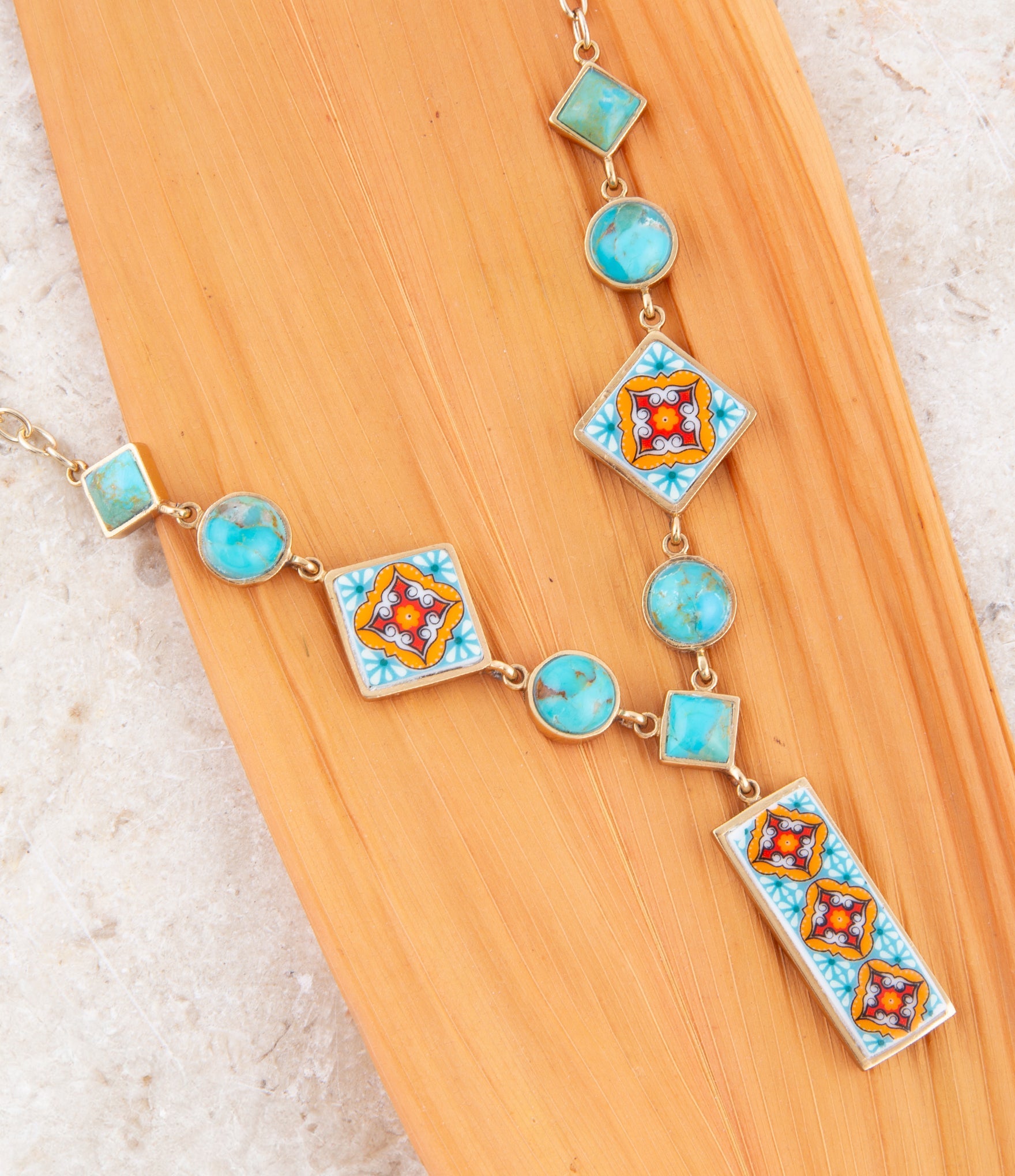 Talavera Tile and Blue Turquoise Golden Y-Neck Necklace Barse Jewelry