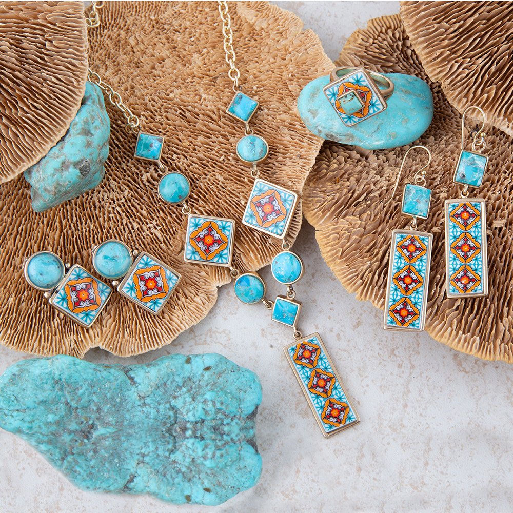 Talavera Tile and Blue Turquoise Golden Y-Neck Necklace Barse Jewelry
