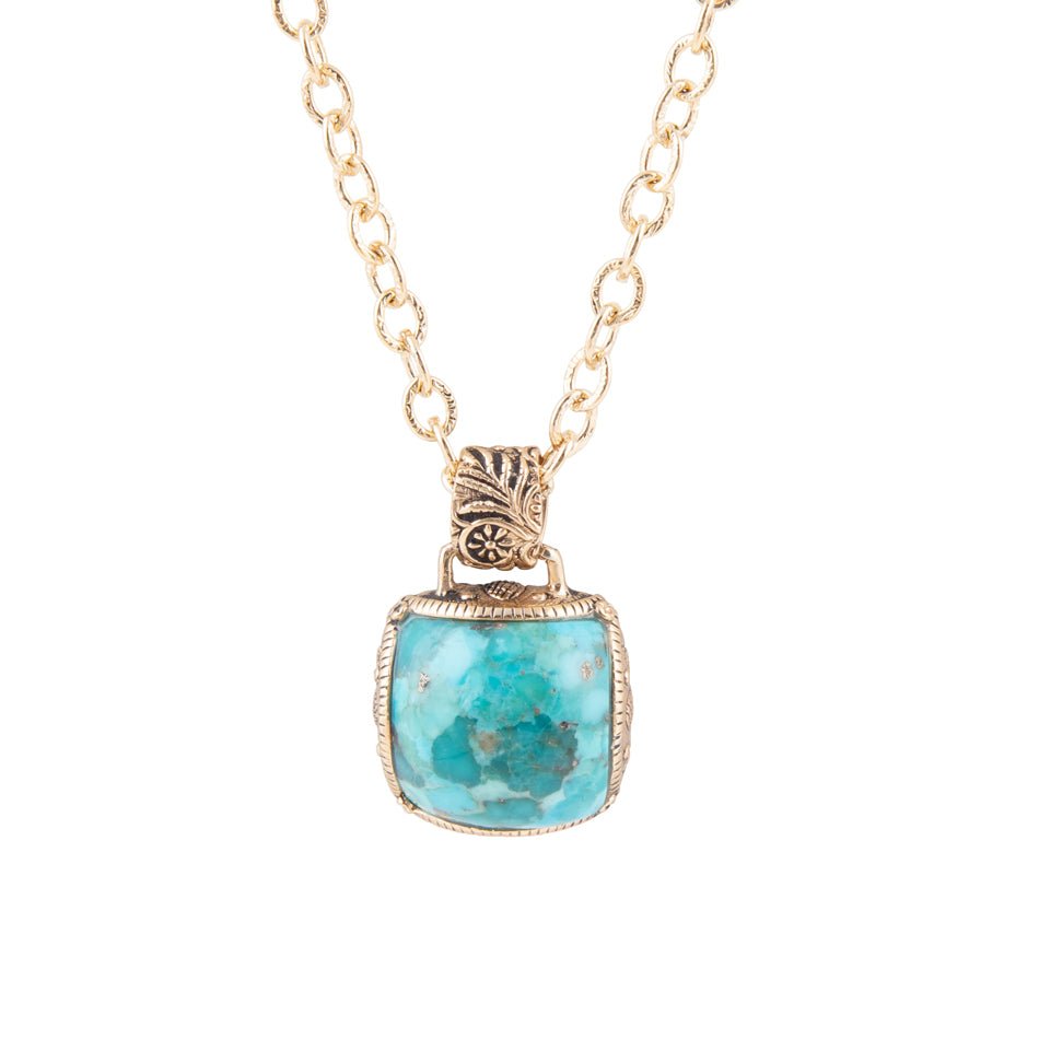 Carved Blue Turquoise Stone Golden Pendant Necklace Barse Jewelry