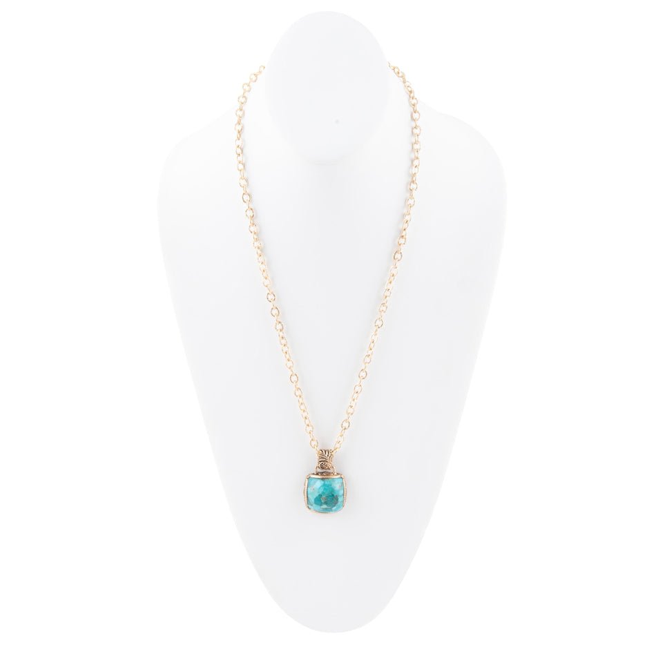 Carved Blue Turquoise Stone Golden Pendant Necklace Barse Jewelry
