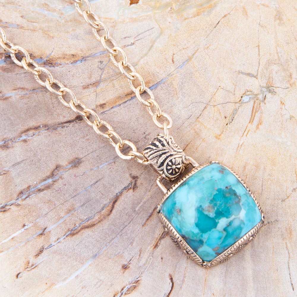 Carved Blue Turquoise Stone Golden Pendant Necklace Barse Jewelry