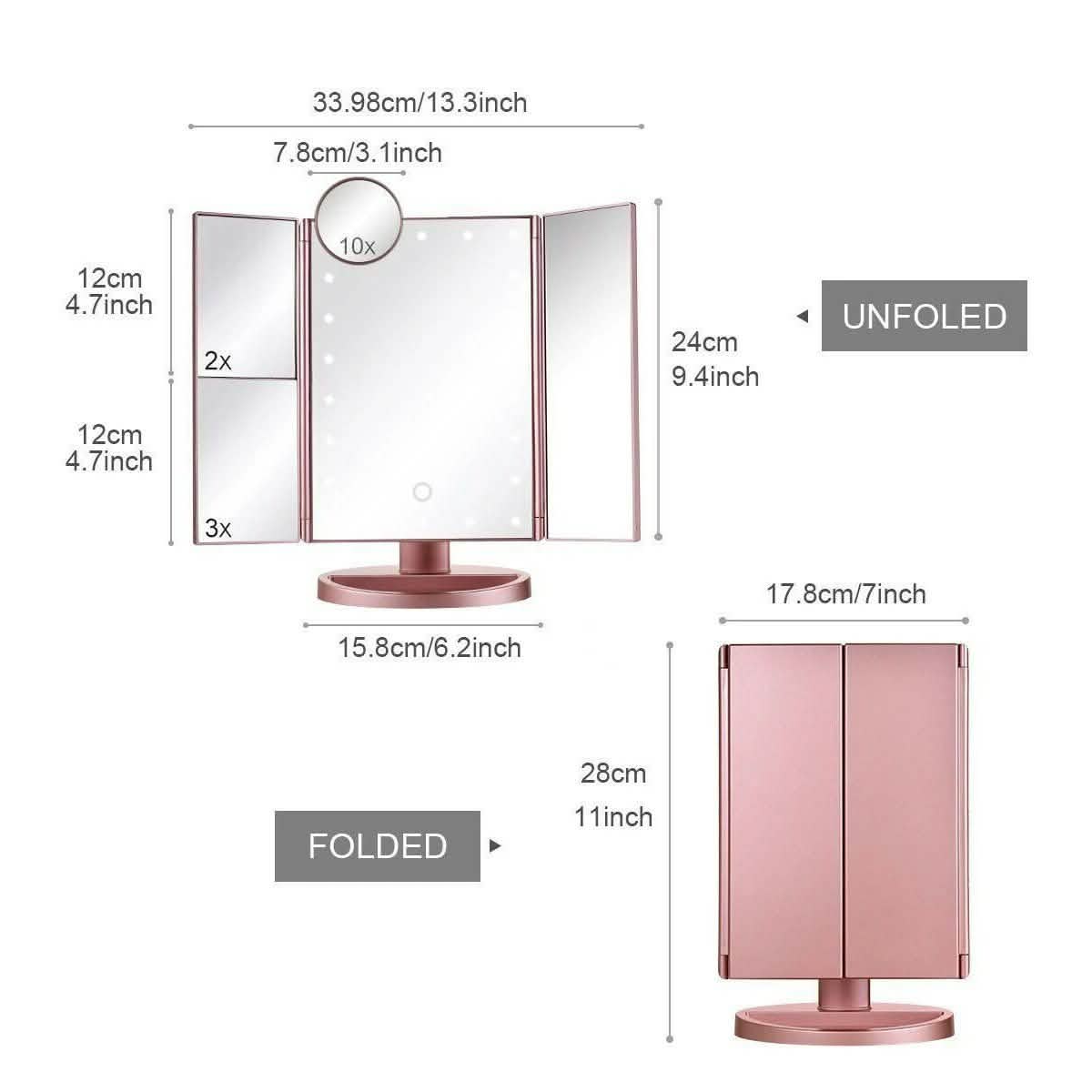 Tri-fold Vanity Makeup LED USB Touch Screen 10X Magnifing Mirror DailySale