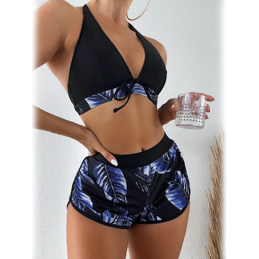 Tropical Print Halter Bikini Swimsuit with Swim Short DailySale