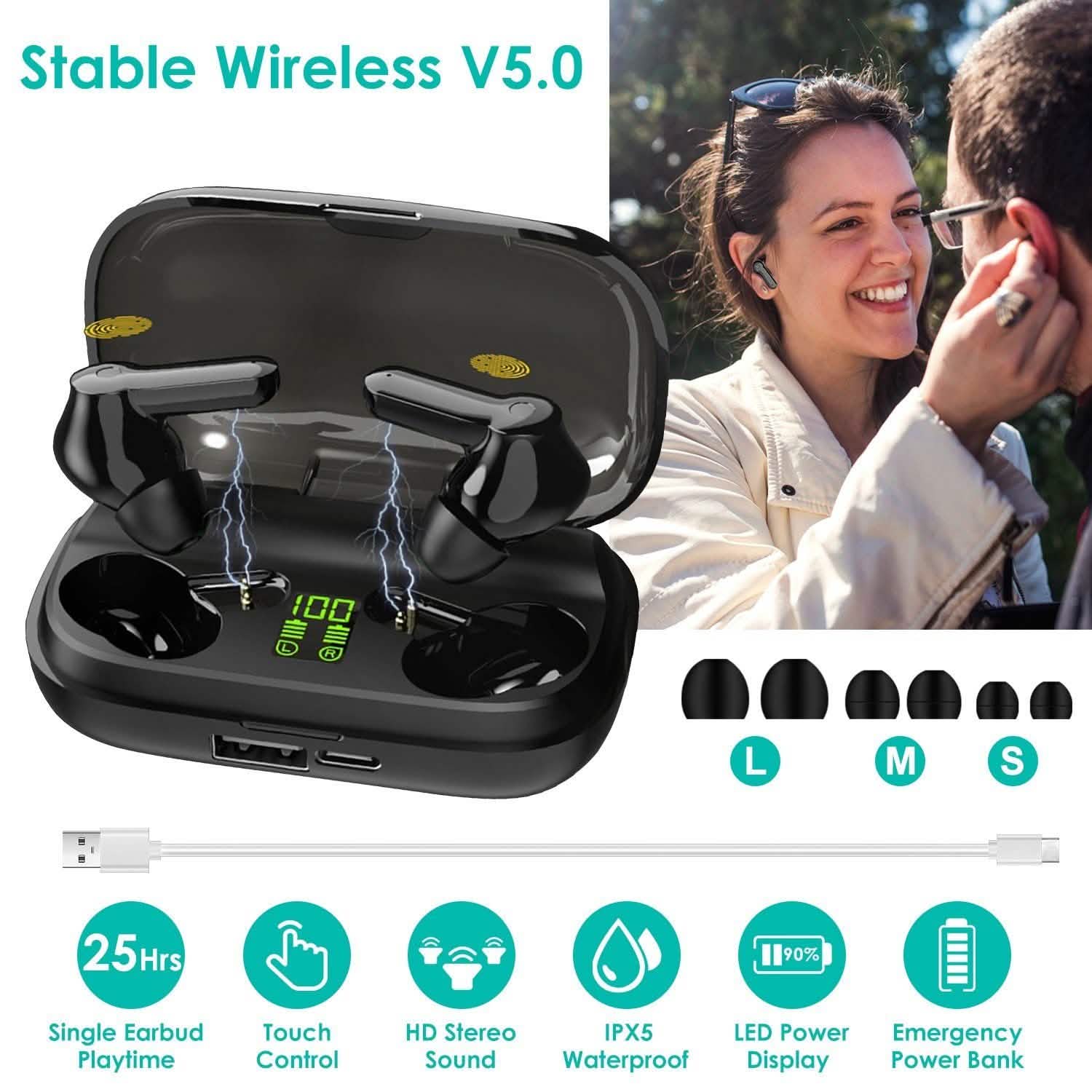 True Wireless V5.0 Earbuds IPX 5 Water Resistant DailySale