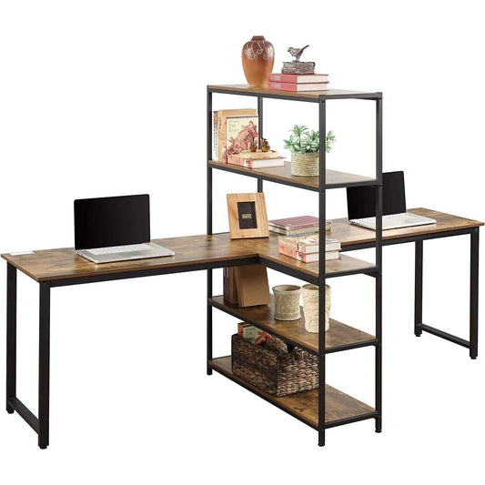 Two Person Computer Desk with Bookshelf Wood and Metal DailySale