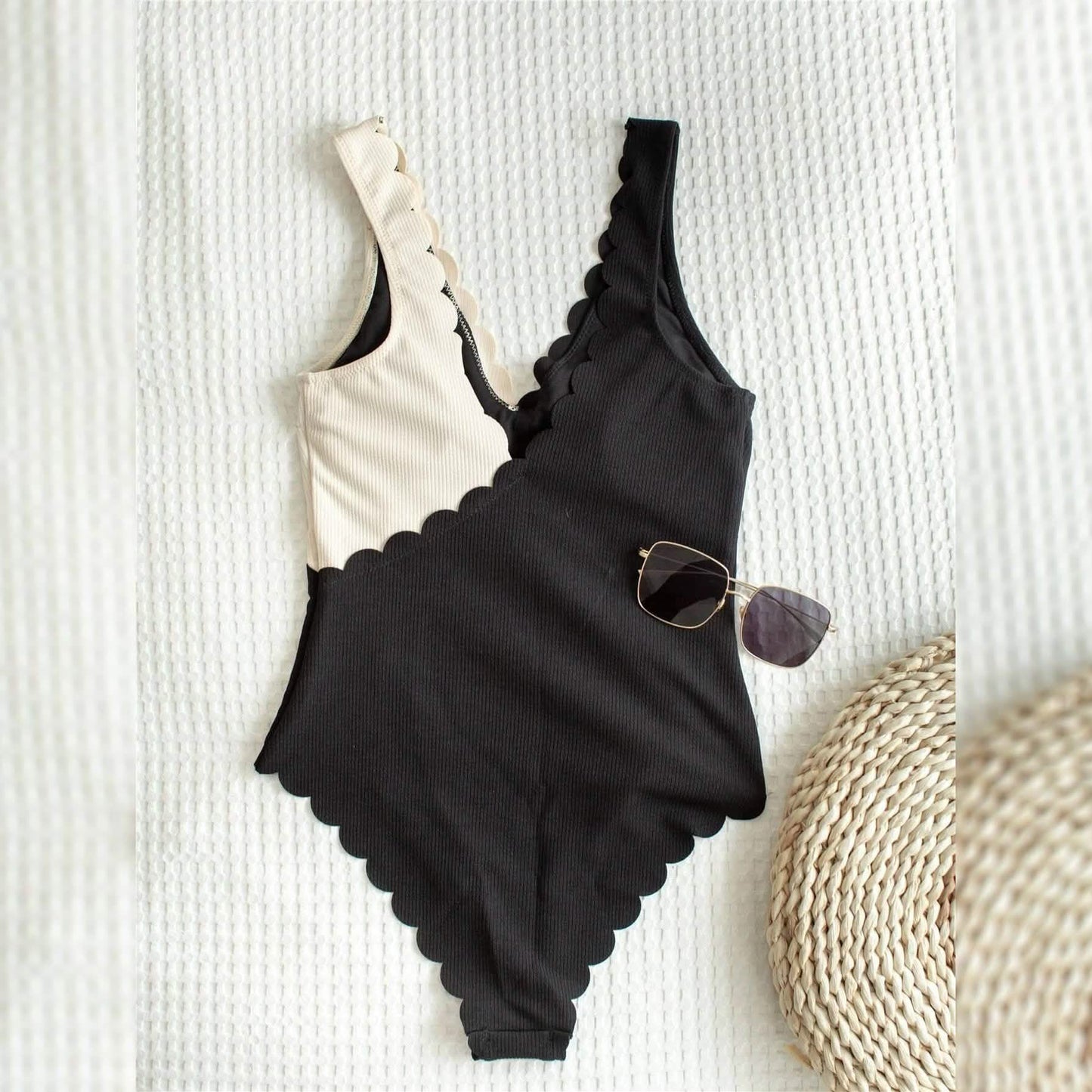 Two Tone Scallop Trim One Piece Swimsuit DailySale