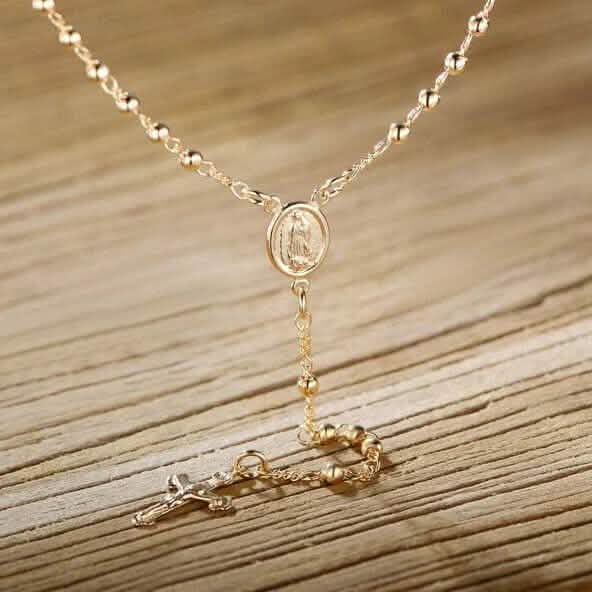 Unisex 14K Gold Virgin Mary Rosary Bead Cross Necklace 18'' DailySale