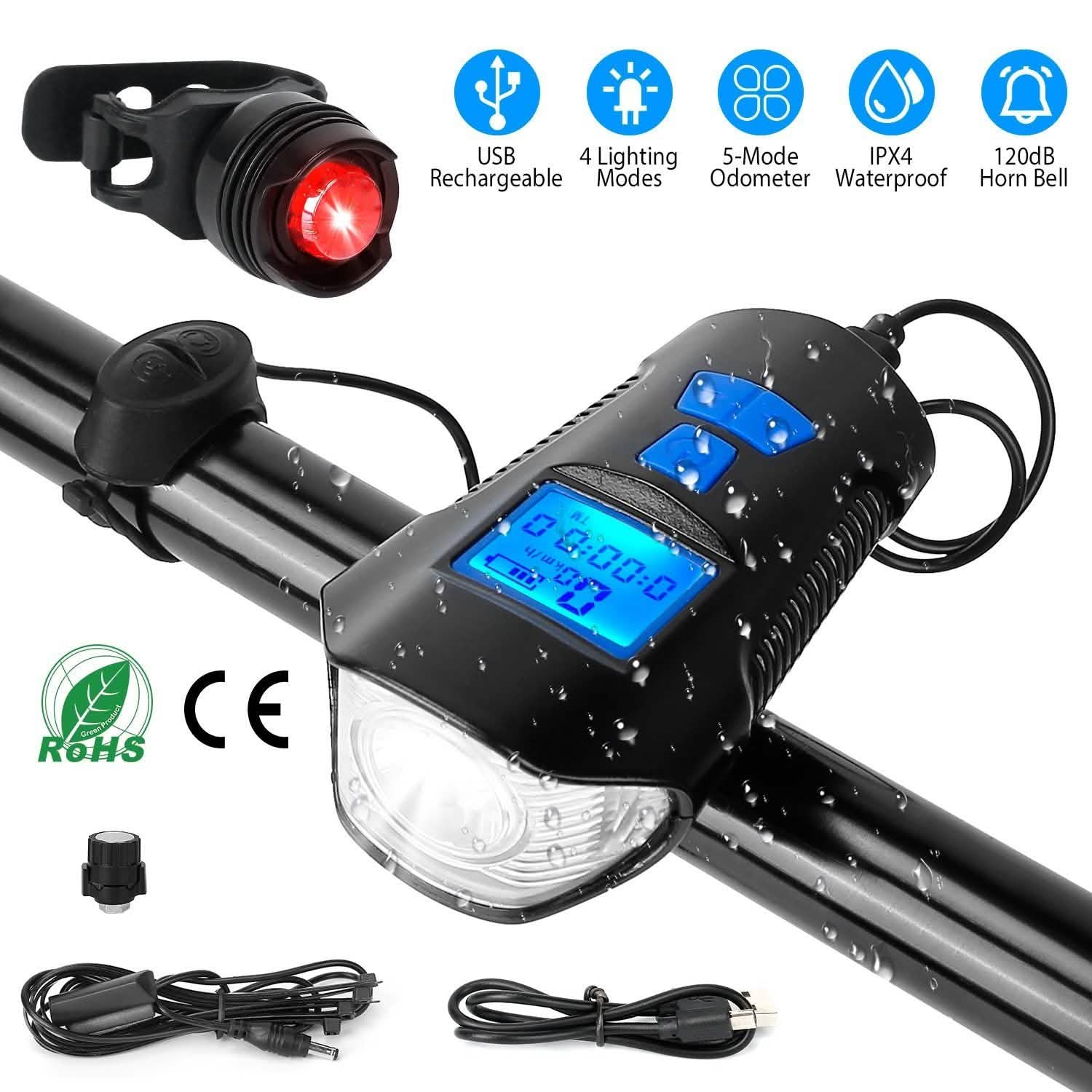 USB Rechargeable Bike Light Set with Speedometer and Odometer DailySale