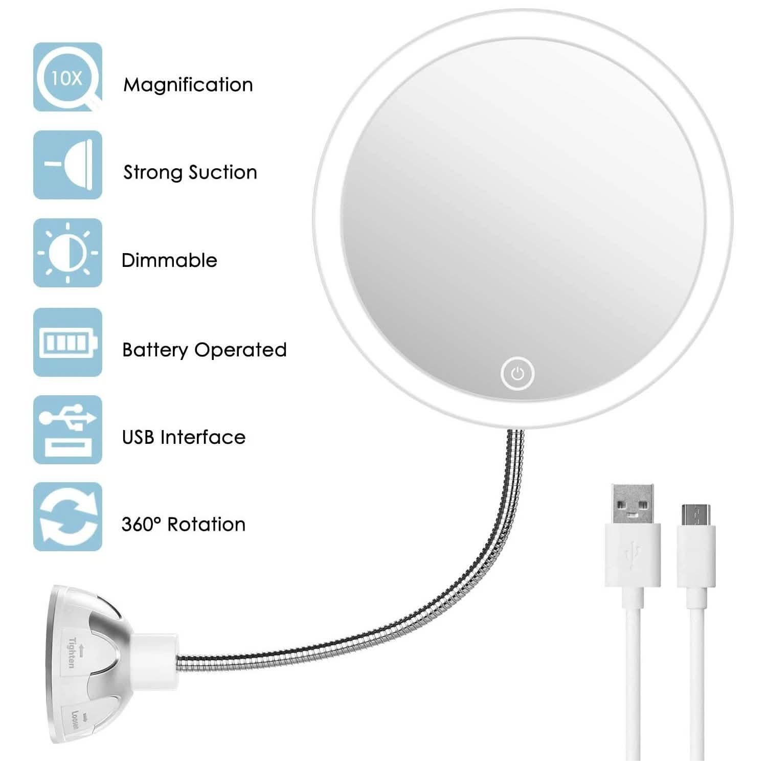 Vanity Mirror 10-Times Magnifying LED Lighted Make-up Swivel Suction Cup Compact Folding DailySale