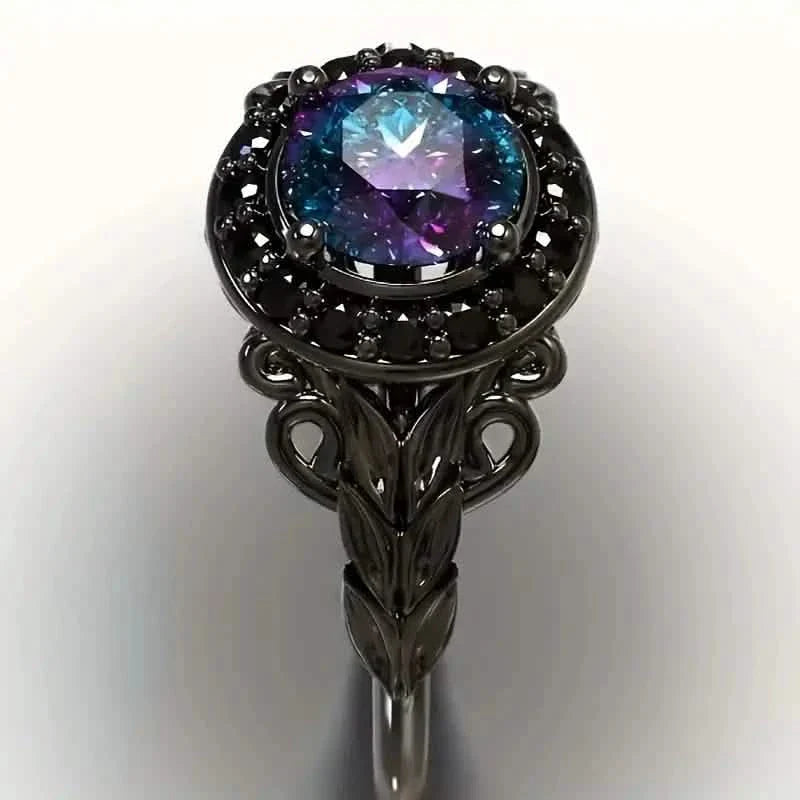 Vintage Gothic Style Synthetic Rainbow Stone Ring with Imitation Black Zirconia DailySale