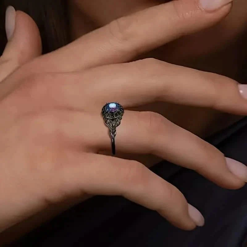 Vintage Gothic Style Synthetic Rainbow Stone Ring with Imitation Black Zirconia DailySale