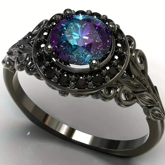 Vintage Gothic Style Synthetic Rainbow Stone Ring with Imitation Black Zirconia DailySale
