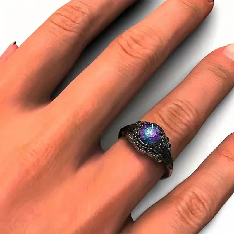 Vintage Gothic Style Synthetic Rainbow Stone Ring with Imitation Black Zirconia DailySale
