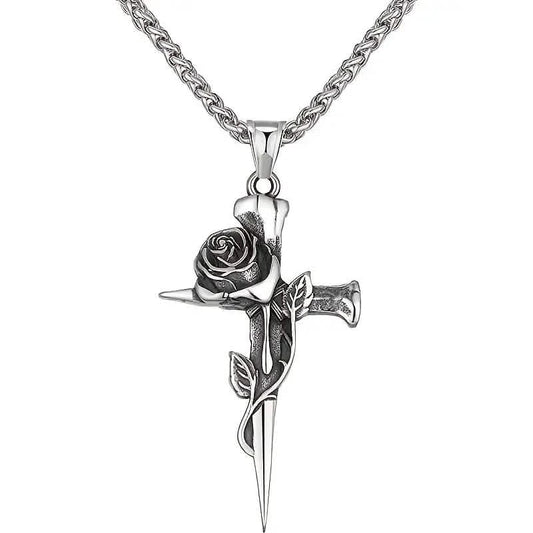 Vintage-Inspired Men's Titanium Steel Pendant Necklace - Unique Keel Chain Design with Cross and Rose Accents DailySale