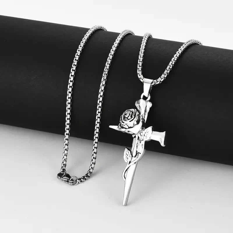 Vintage-Inspired Men's Titanium Steel Pendant Necklace - Unique Keel Chain Design with Cross and Rose Accents DailySale