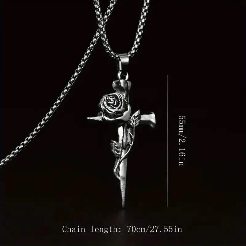 Vintage-Inspired Men's Titanium Steel Pendant Necklace - Unique Keel Chain Design with Cross and Rose Accents DailySale