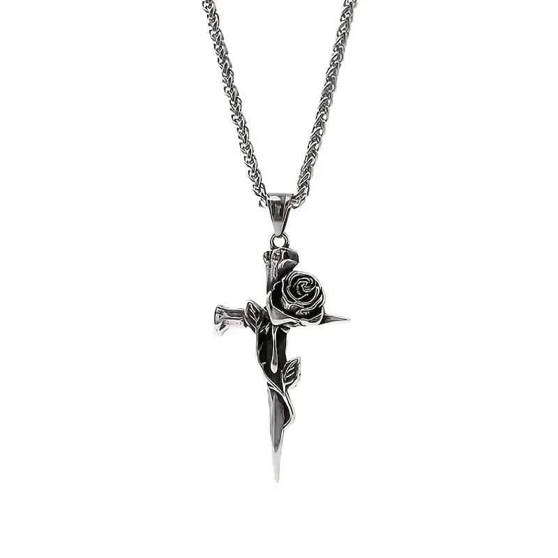 Vintage-Inspired Men's Titanium Steel Pendant Necklace - Unique Keel Chain Design with Cross and Rose Accents DailySale