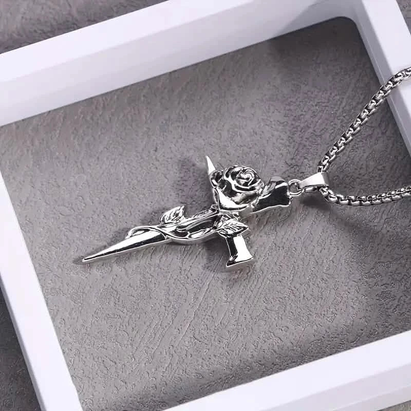 Vintage-Inspired Men's Titanium Steel Pendant Necklace - Unique Keel Chain Design with Cross and Rose Accents DailySale
