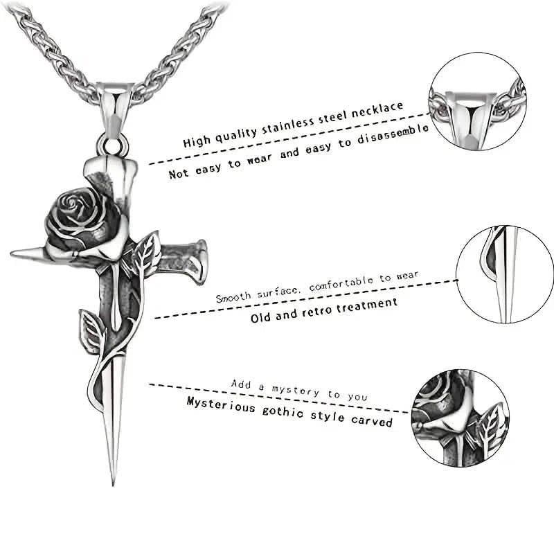 Vintage-Inspired Men's Titanium Steel Pendant Necklace - Unique Keel Chain Design with Cross and Rose Accents DailySale