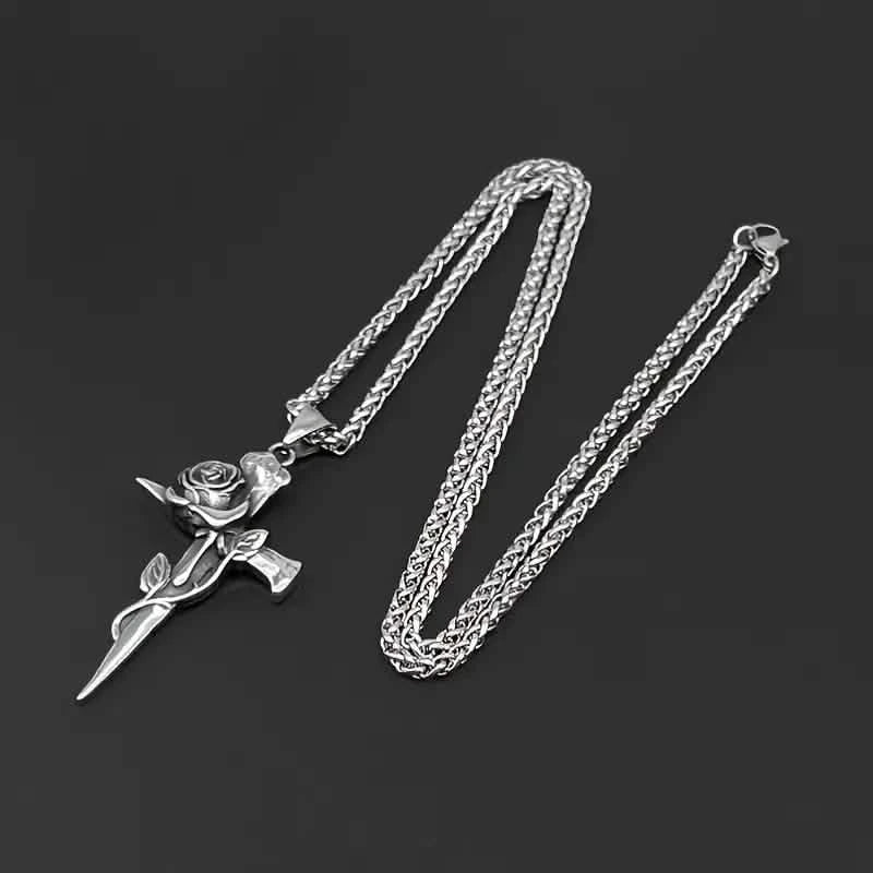 Vintage-Inspired Men's Titanium Steel Pendant Necklace - Unique Keel Chain Design with Cross and Rose Accents DailySale
