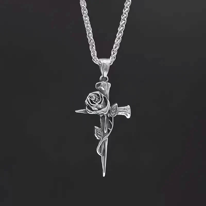 Vintage-Inspired Men's Titanium Steel Pendant Necklace - Unique Keel Chain Design with Cross and Rose Accents DailySale
