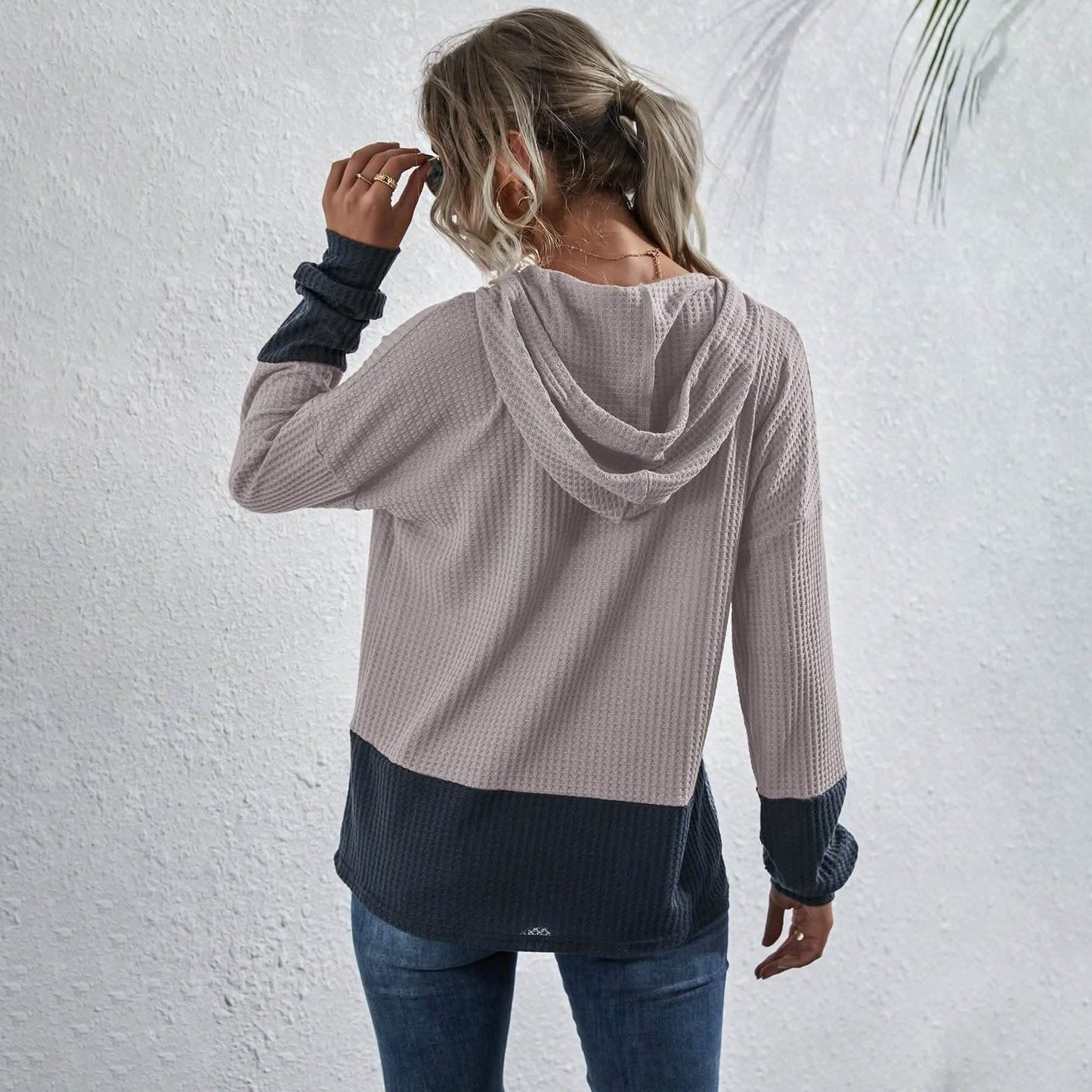 Waffle Two Tone Drawstring Hoodie DailySale
