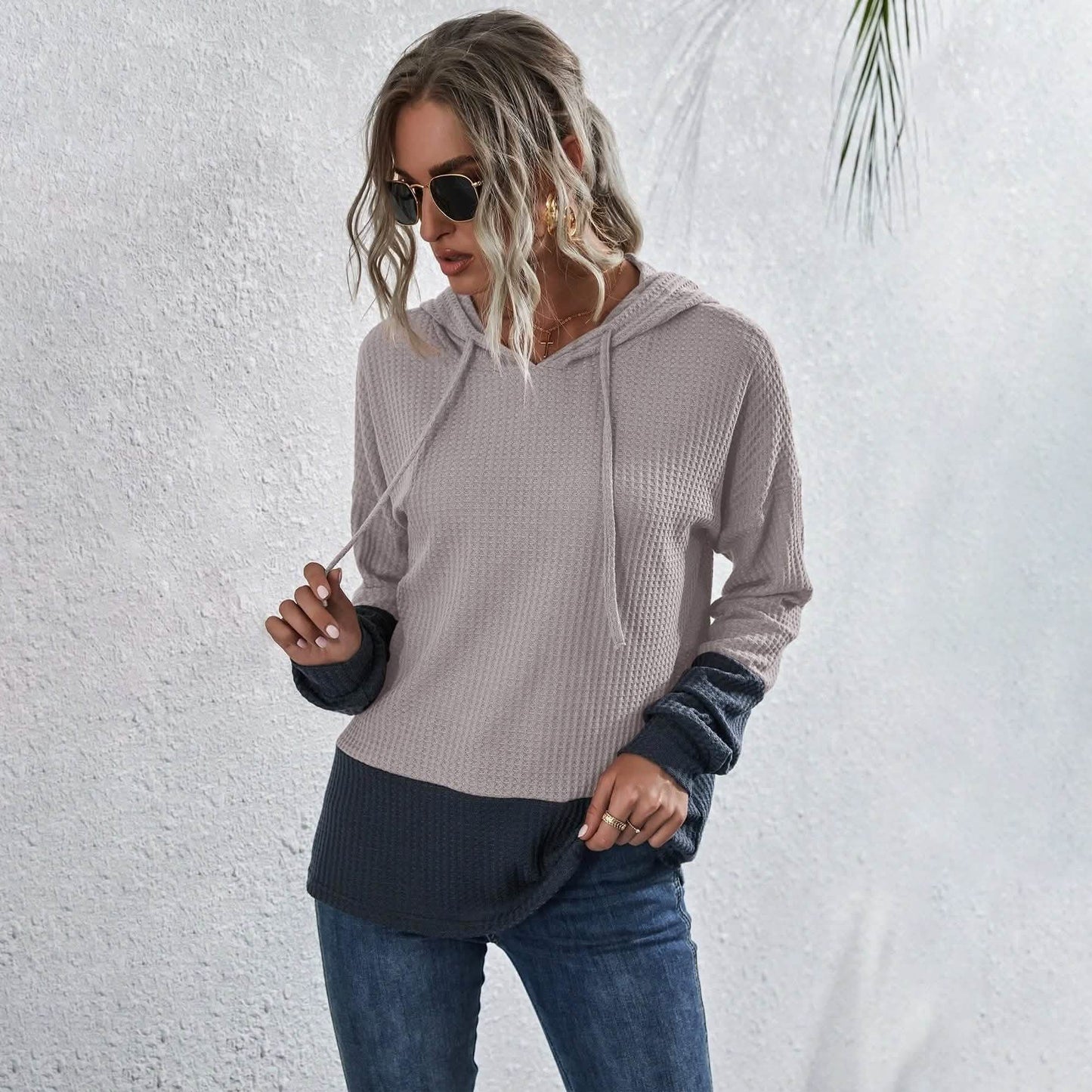 Waffle Two Tone Drawstring Hoodie DailySale