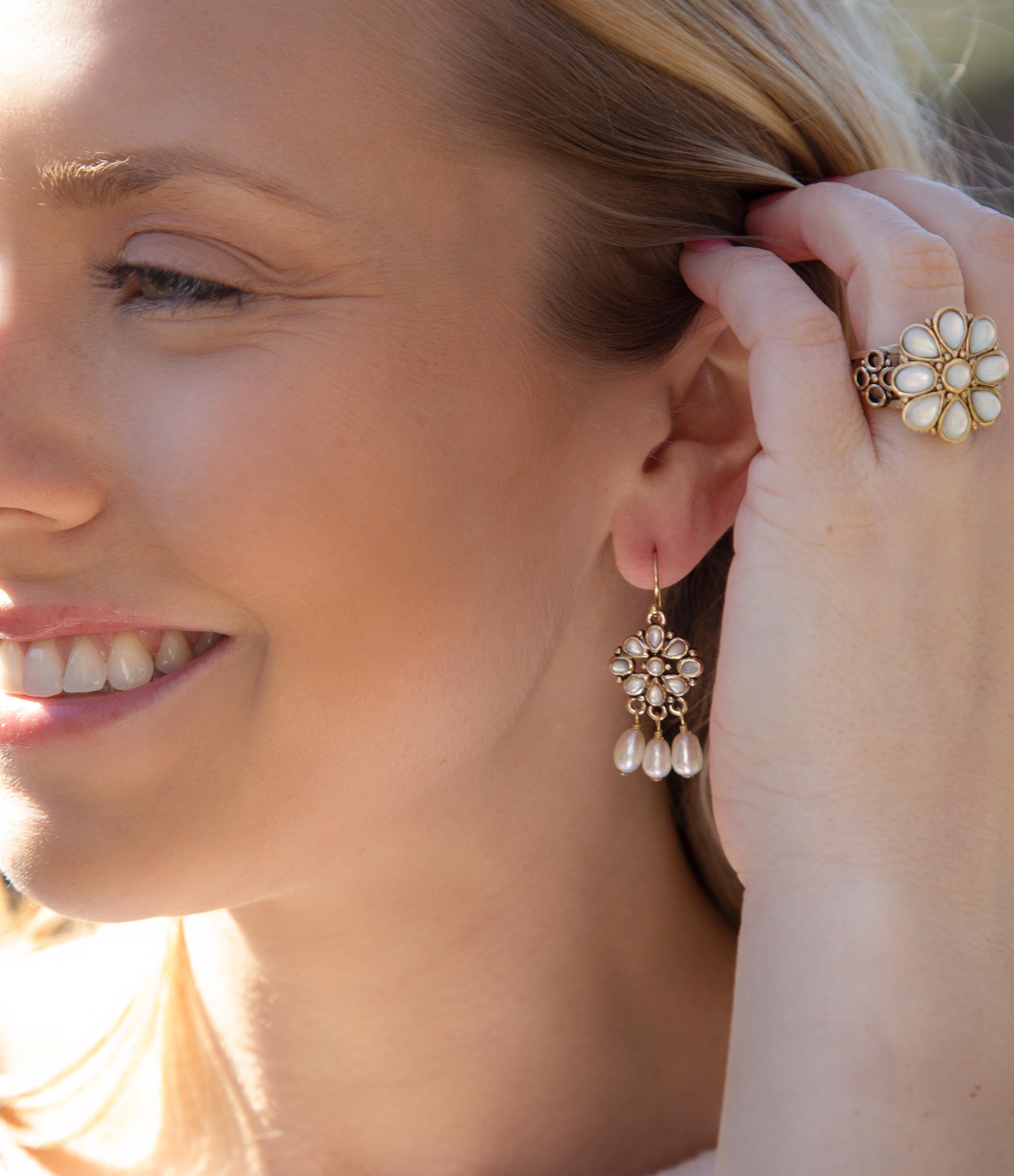 White Hibiscus Mother of Pearl and Golden Ring Barse Jewelry