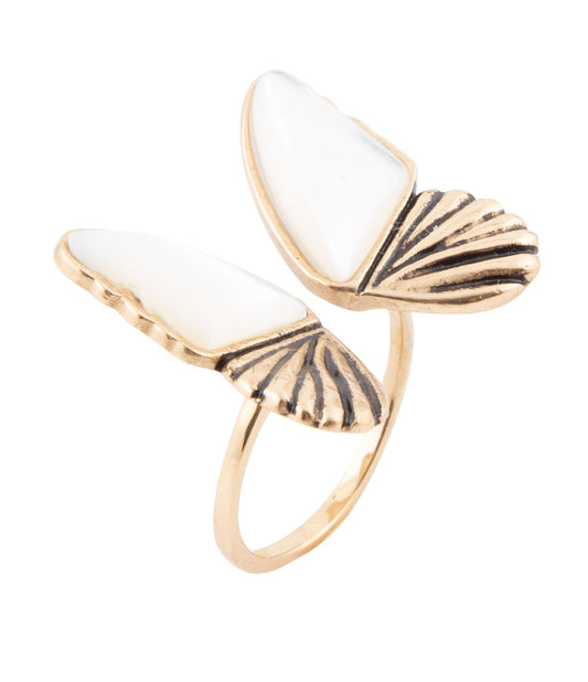 White Mother of Pearl Golden Butterfly Statement Ring Barse Jewelry
