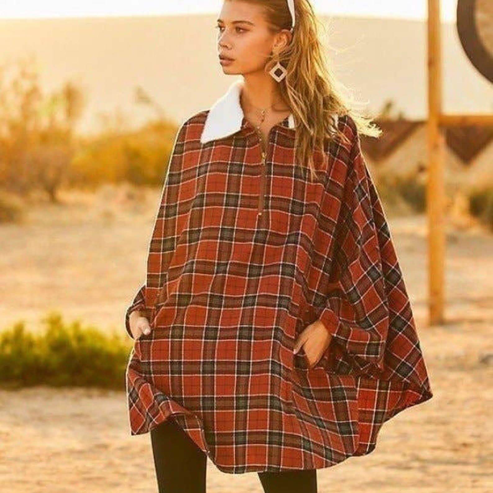 Winter Pocket Plaid Poncho DailySale