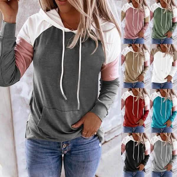 Winter Women’s Fashion Casual Sweatshirts Long Sleeve Hooded Pullover Loose Block Color Pockets Sweatshirts DailySale