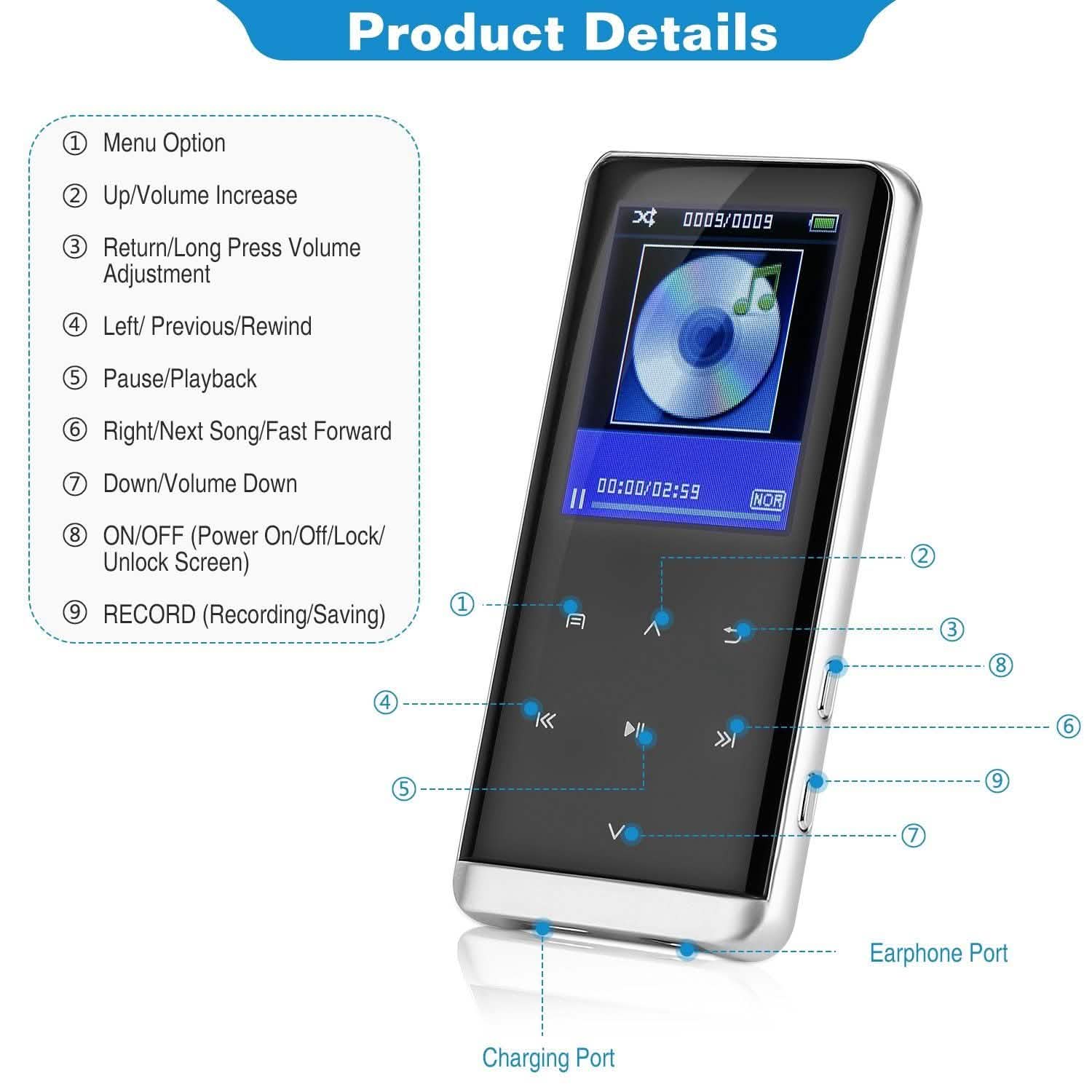 Wireless MP3 Player with Voice Recorder 32G Digital Music HiFi DailySale