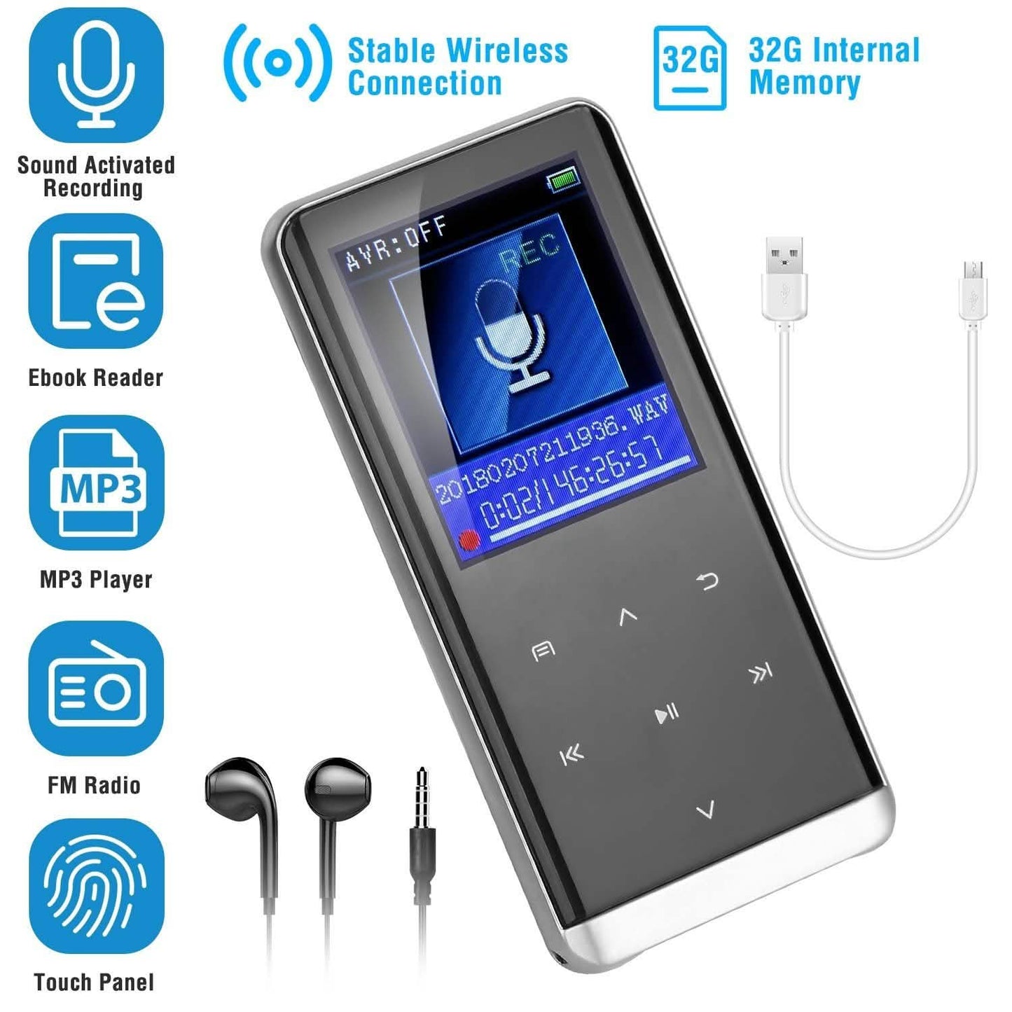 Wireless MP3 Player with Voice Recorder 32G Digital Music HiFi DailySale