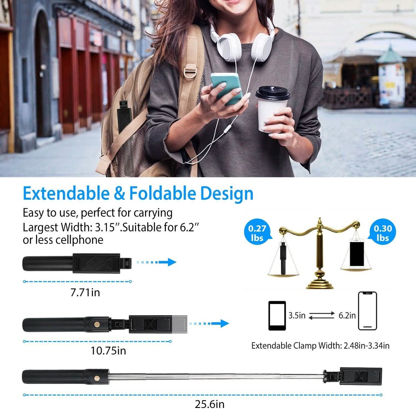 Wireless Selfie Stick Extendable Tripod with Detachable Remote Shutter for 3.5-6.2" Phone DailySale
