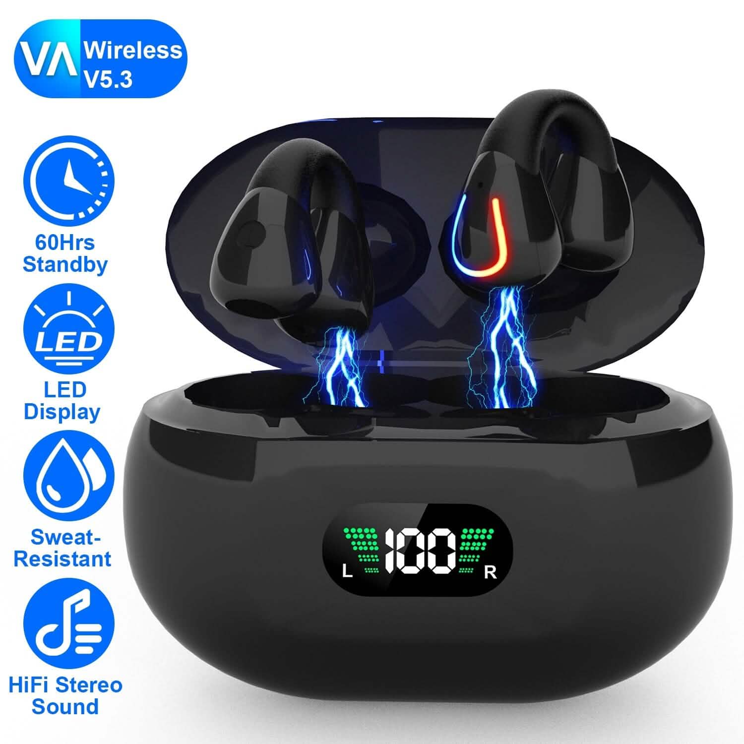 Wireless v5.3 Earbuds Clip-on Open TWS Earphones with Built-in Mic LED Charging Display Case DailySale