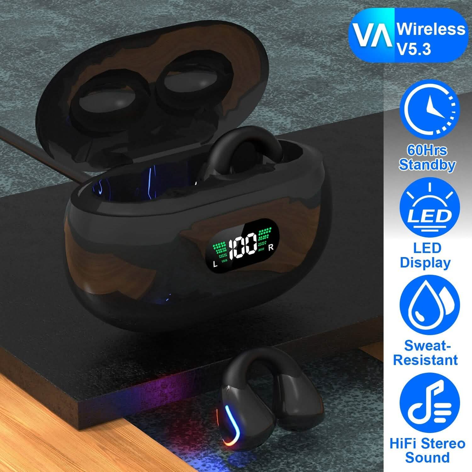 Wireless v5.3 Earbuds Clip-on Open TWS Earphones with Built-in Mic LED Charging Display Case DailySale