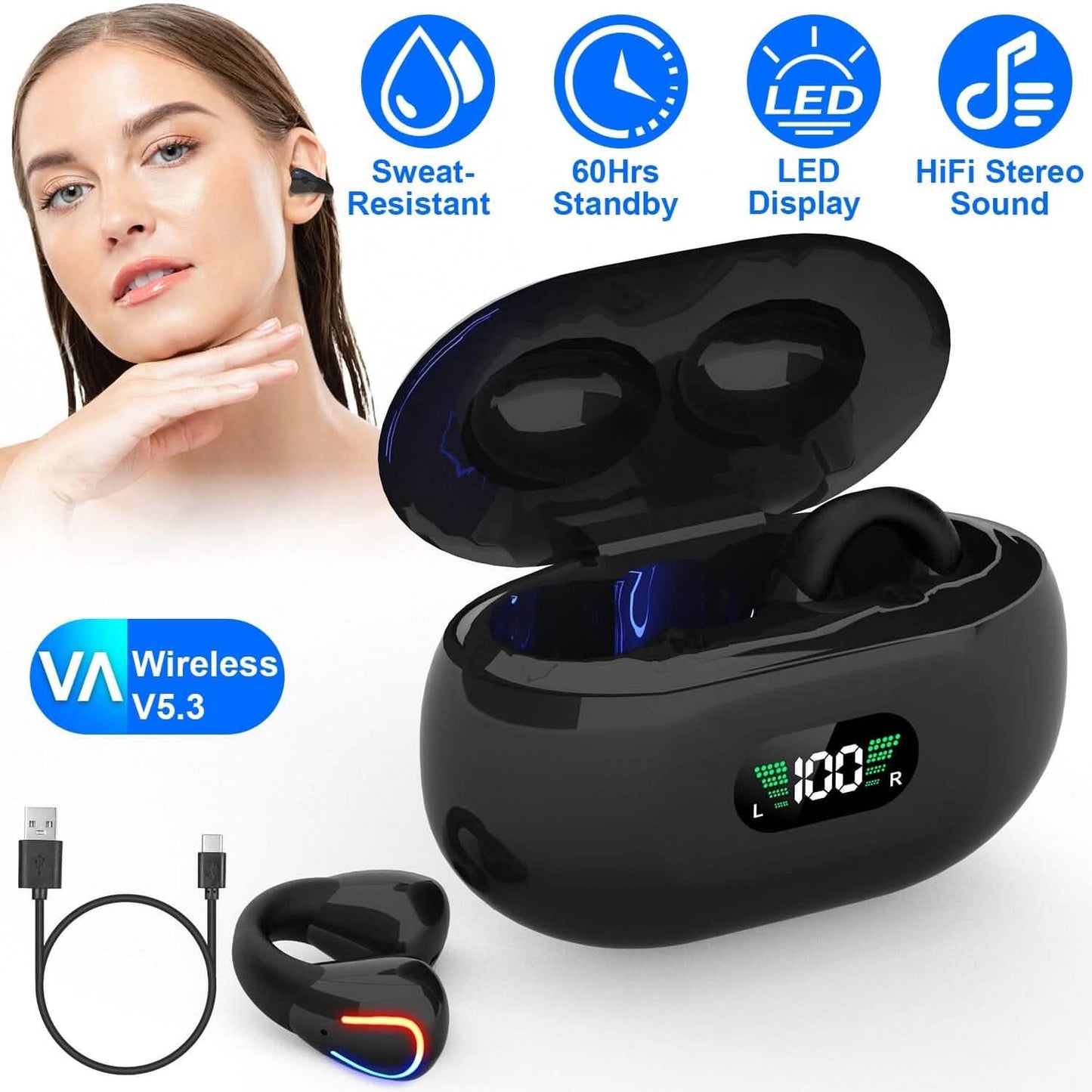 Wireless v5.3 Earbuds Clip-on Open TWS Earphones with Built-in Mic LED Charging Display Case DailySale
