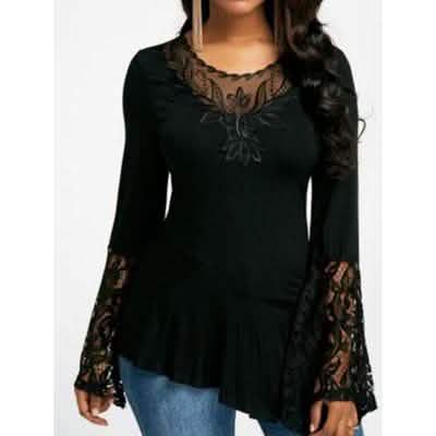 Women Casual Irregular T-shirt with Long-sleeved Lace Stitching Plus Size Shirts DailySale