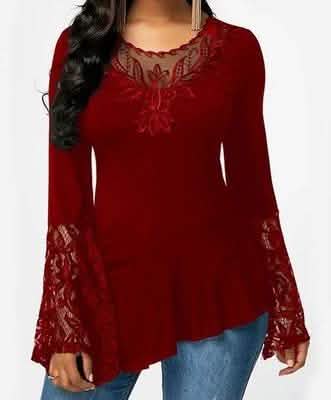Women Casual Irregular T-shirt with Long-sleeved Lace Stitching Plus Size Shirts DailySale