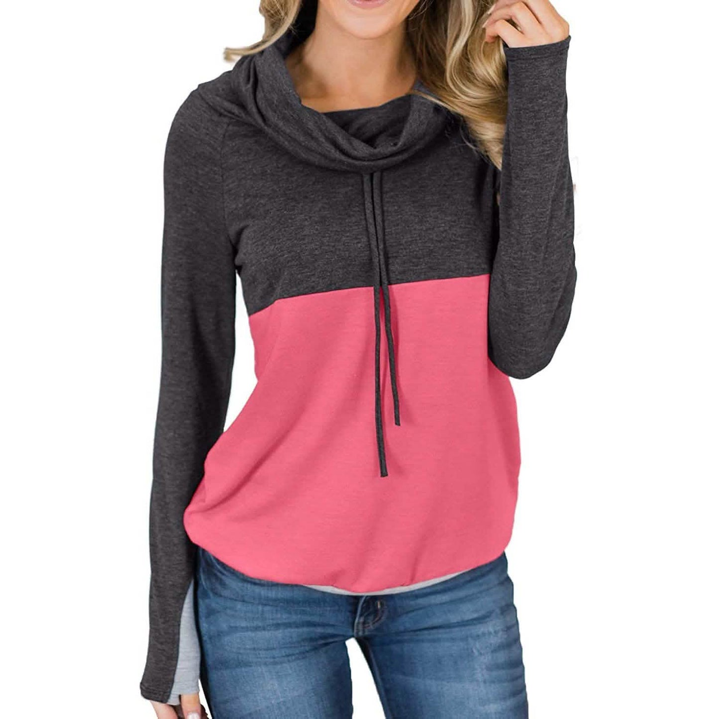 Women Cowl Neck Casual Tunic Sweatshirts Drawstring Long Sleeve Color Block Patchwork Pullover Tops DailySale