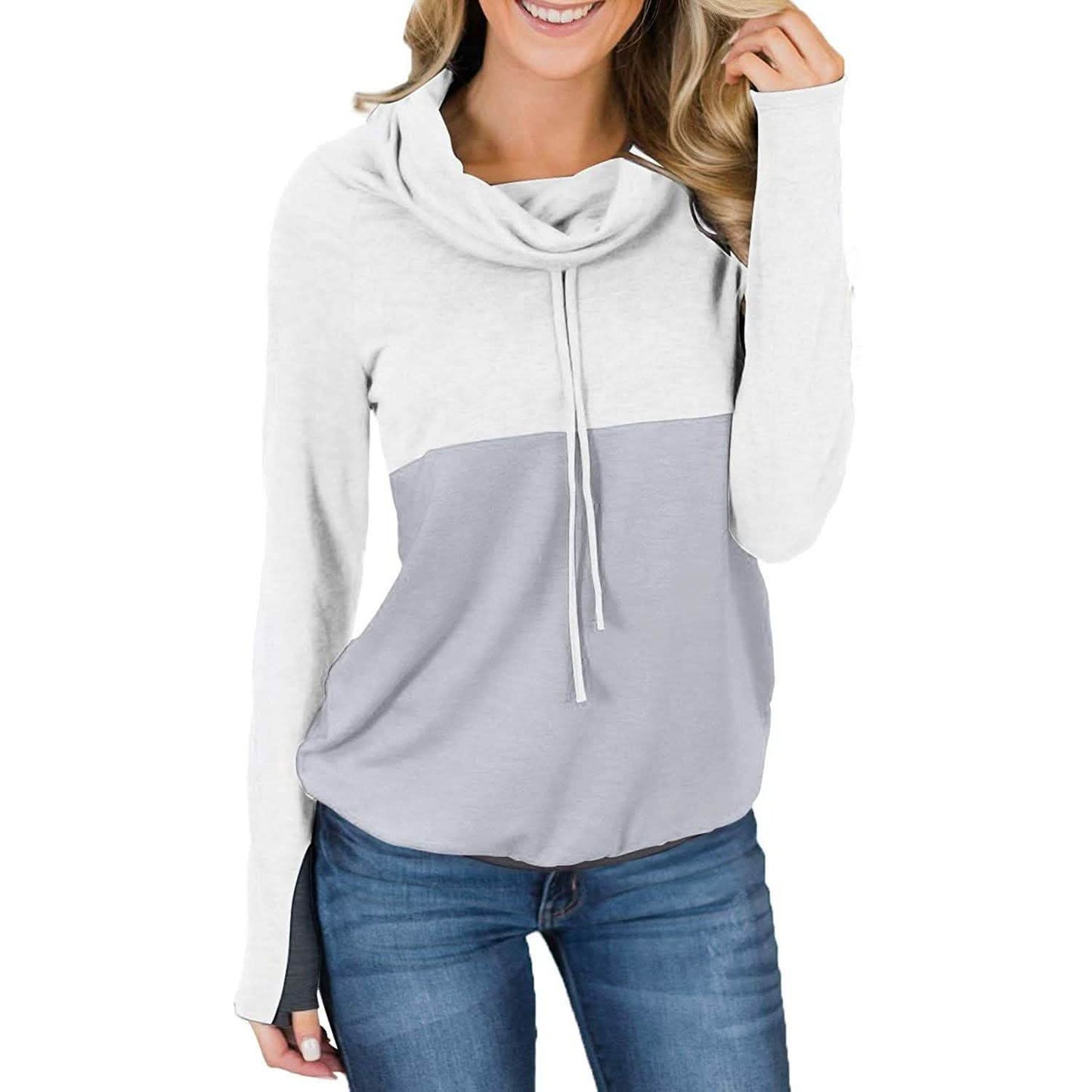 Women Cowl Neck Casual Tunic Sweatshirts Drawstring Long Sleeve Color Block Patchwork Pullover Tops DailySale