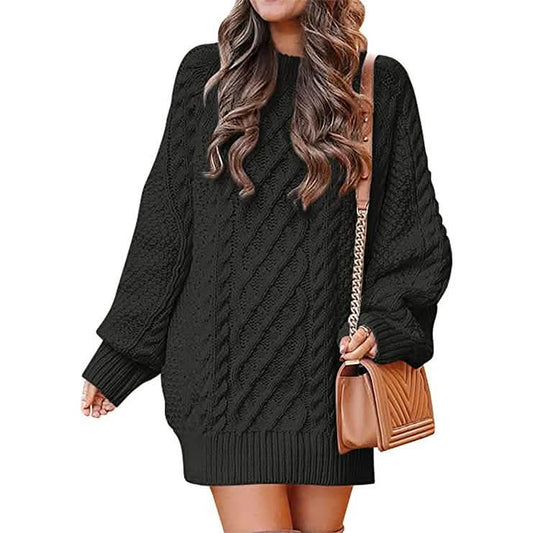 Women Crewneck Long Sleeve Oversized Cable Knit Chunky Pullover Short Sweater Dresses DailySale