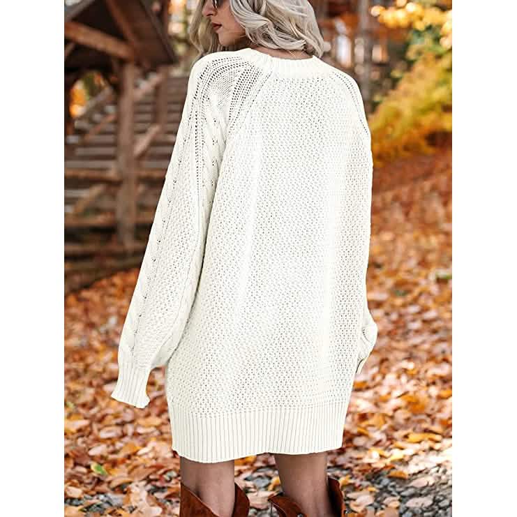 Women Crewneck Long Sleeve Oversized Cable Knit Chunky Pullover Short Sweater Dresses DailySale