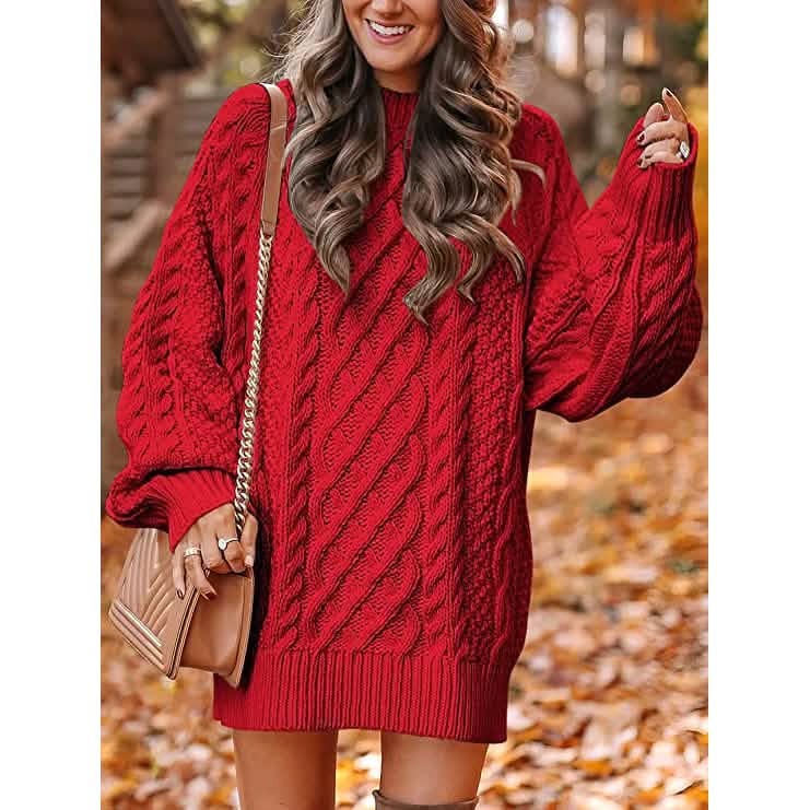 Women Crewneck Long Sleeve Oversized Cable Knit Chunky Pullover Short Sweater Dresses DailySale