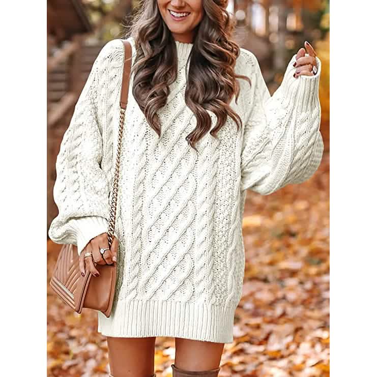 Women Crewneck Long Sleeve Oversized Cable Knit Chunky Pullover Short Sweater Dresses DailySale