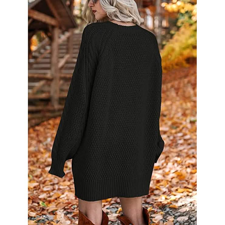 Women Crewneck Long Sleeve Oversized Cable Knit Chunky Pullover Short Sweater Dresses DailySale