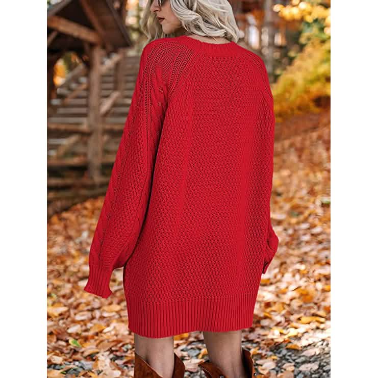 Women Crewneck Long Sleeve Oversized Cable Knit Chunky Pullover Short Sweater Dresses DailySale