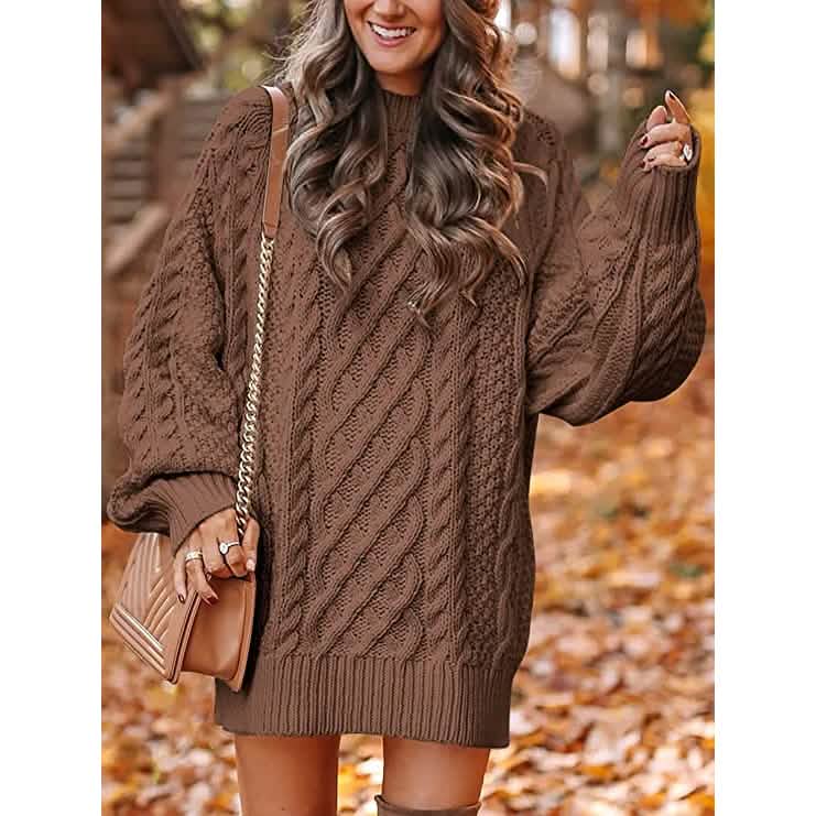 Women Crewneck Long Sleeve Oversized Cable Knit Chunky Pullover Short Sweater Dresses DailySale